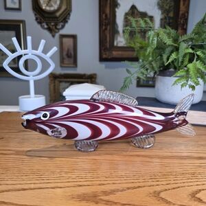 Vintage Art Glass Fish Figurine - Burgundy & White Ribbon Swirl - 12" MCM Decor